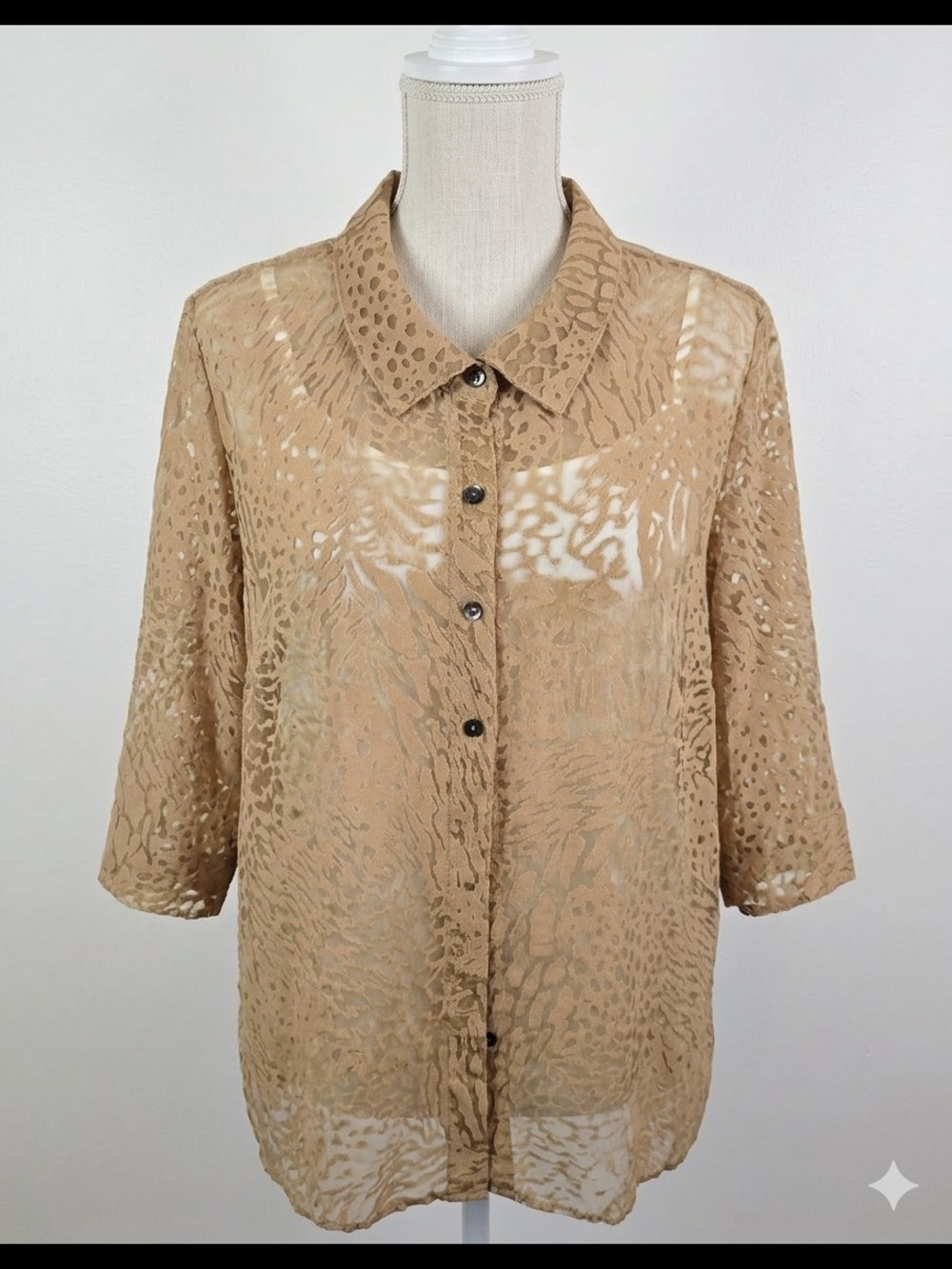 ​White Stag Plus 18W 20W Burnout Animal Print Blouse Cappuccino Sheer 3/4 Sleeve